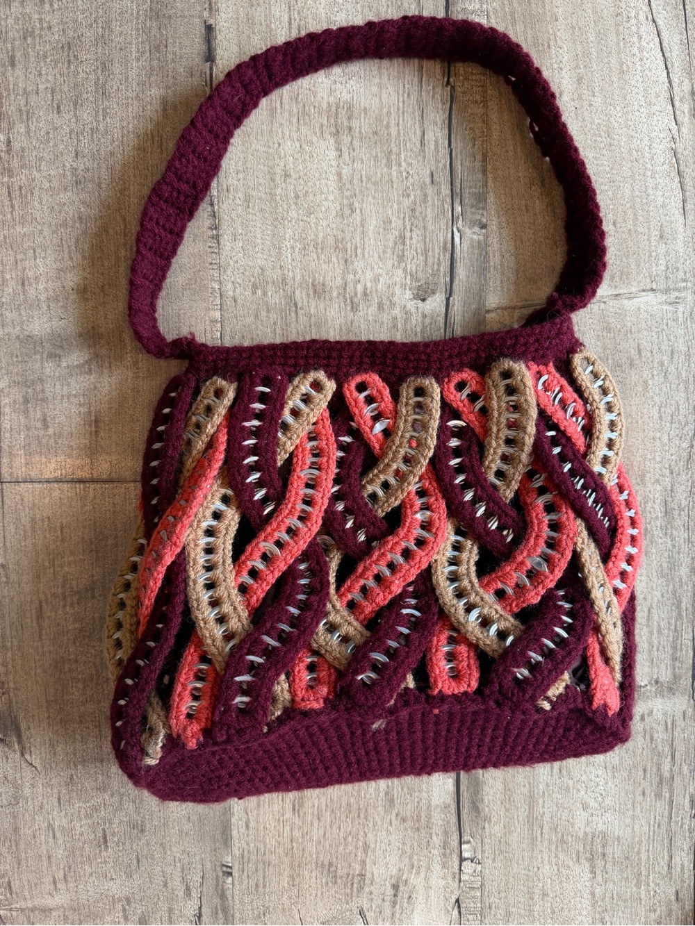Vintage Crochet Soda Tab Purse: burgundy, tan Zig-Zag Bag